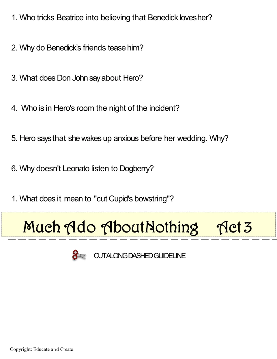 Act 3 questions: students recall the trick on Beatrice, Don John's claim about Hero, Dogberry and "cut Cupid's bowstring"