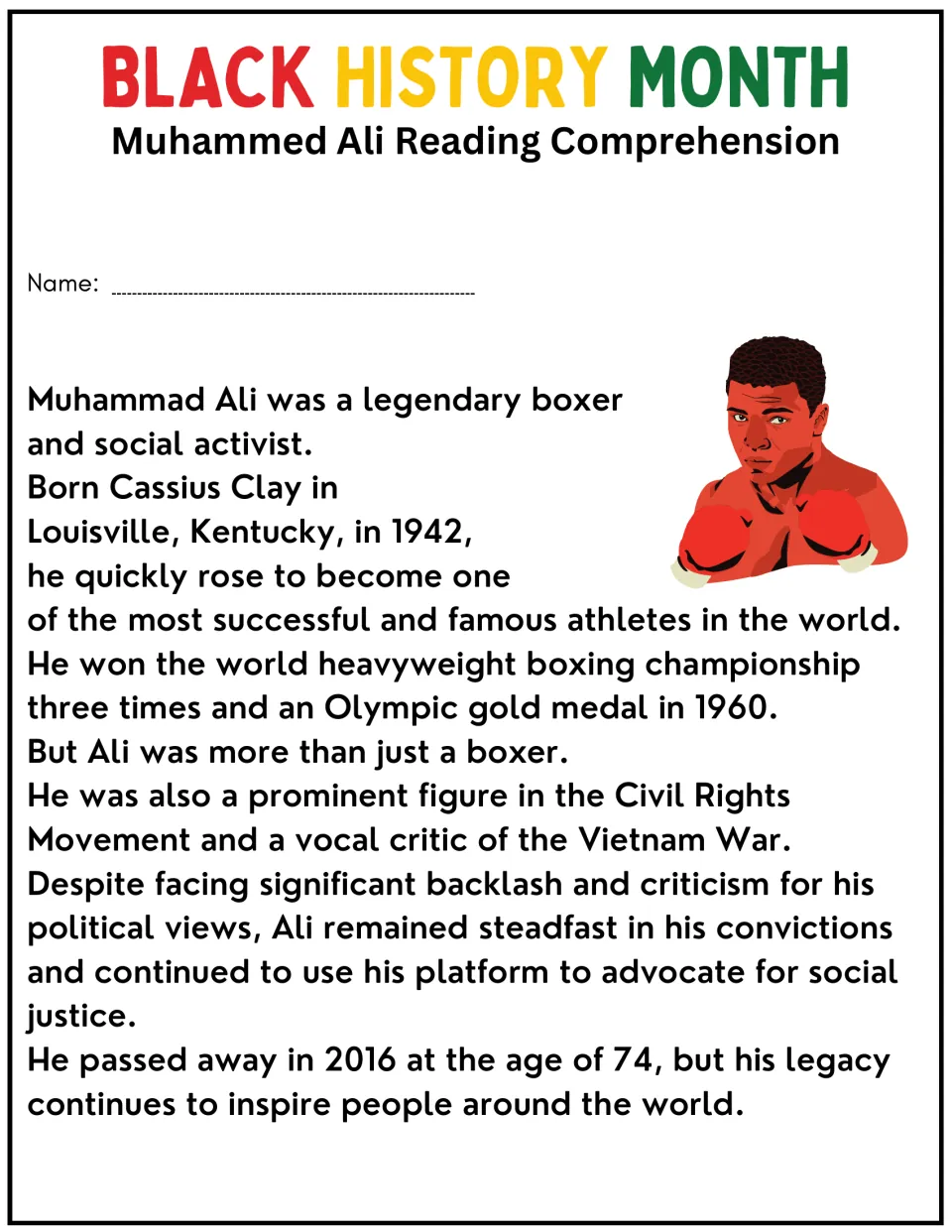 Muhammad Ali biography passage: students read about his boxing titles, Olympic gold, civil rights role and Vietnam stance
