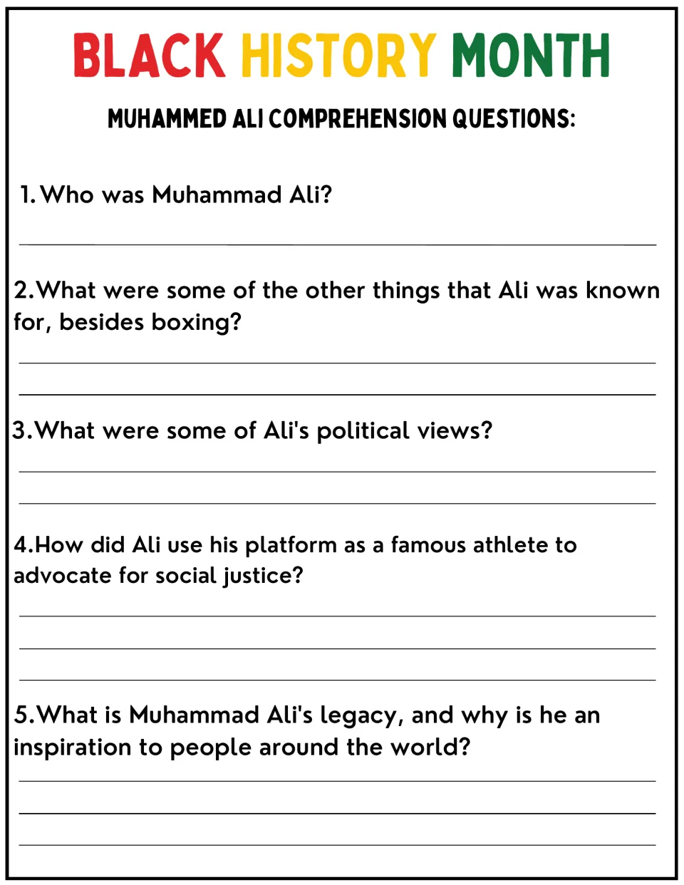 Muhammad Ali comprehension questions: students write answers to 5 questions on his activism, political views and legacy