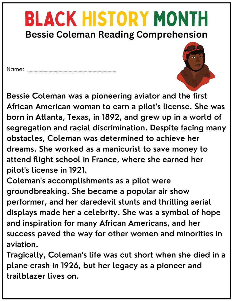 Bessie Coleman biography passage: students read about the first African American woman pilot, training in France