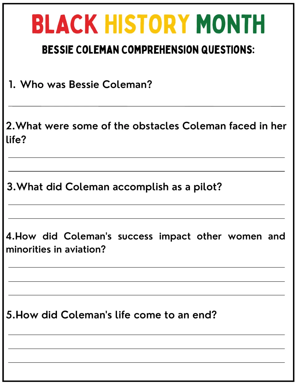 Bessie Coleman comprehension questions: students answer 5 questions on her obstacles, pilot feats, impact and death