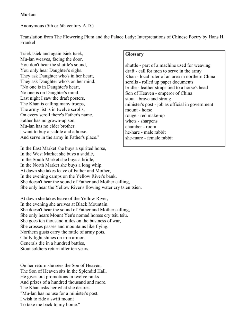 Opening Mu-lan reading: she takes her father's place in the army, returns from war, and asks to go home.