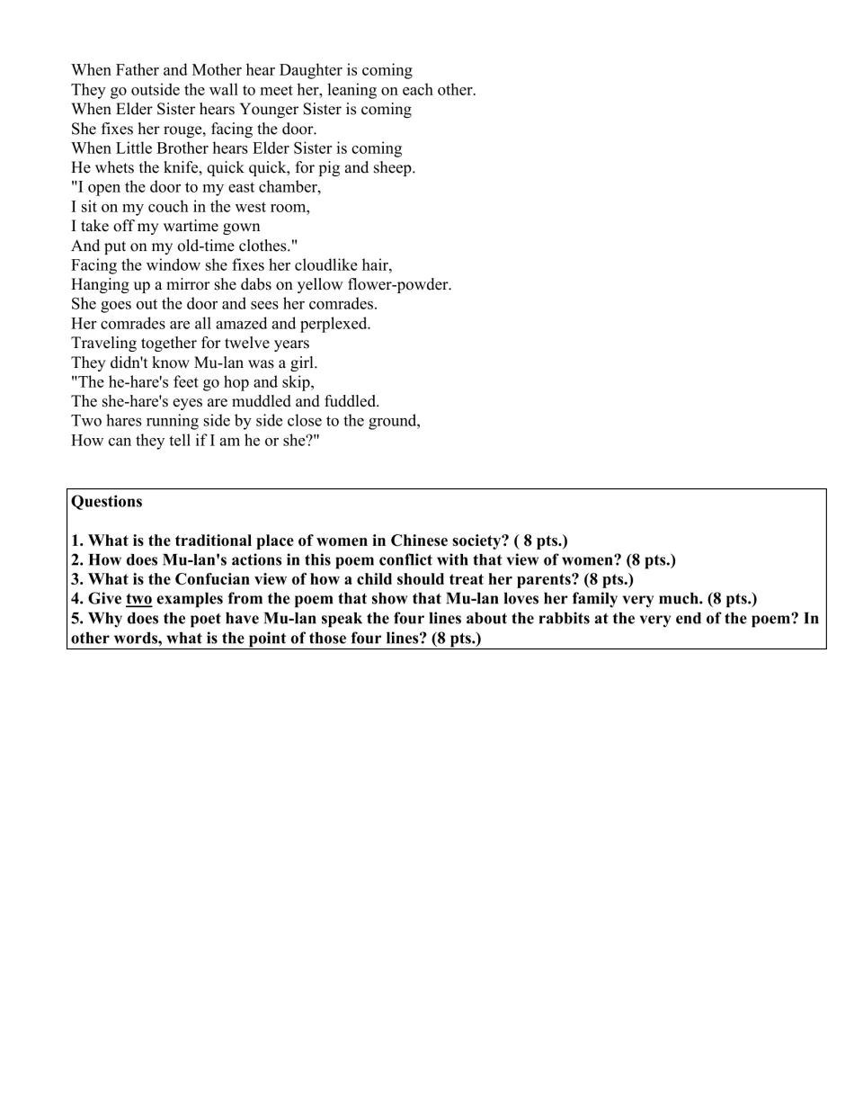 Mu-lan conclusion and five questions on women's roles, duty to parents, family love, and the rabbit comparison.