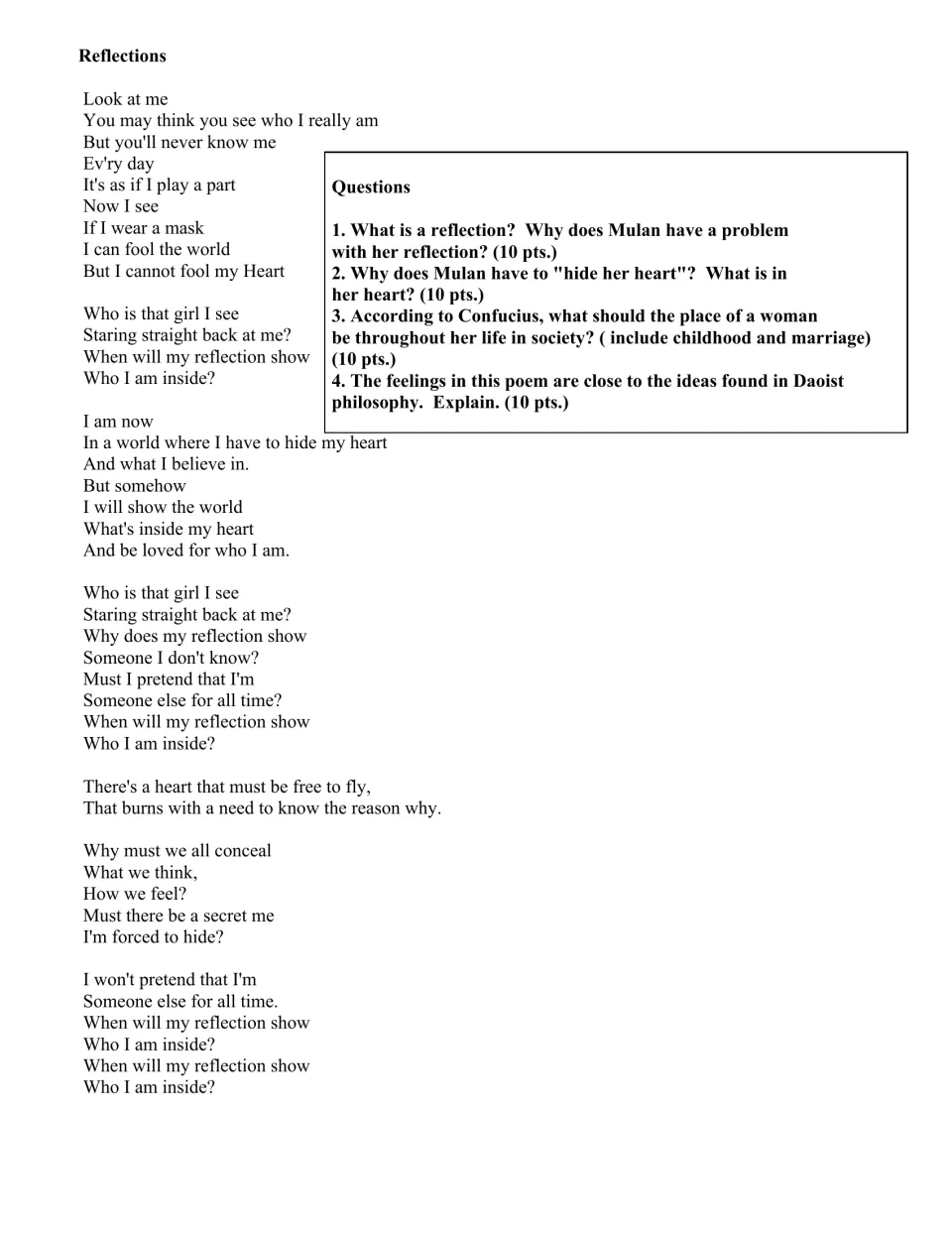 Reflections song lyrics and four questions about Mulan's identity, women's roles, Confucius, and Daoism.