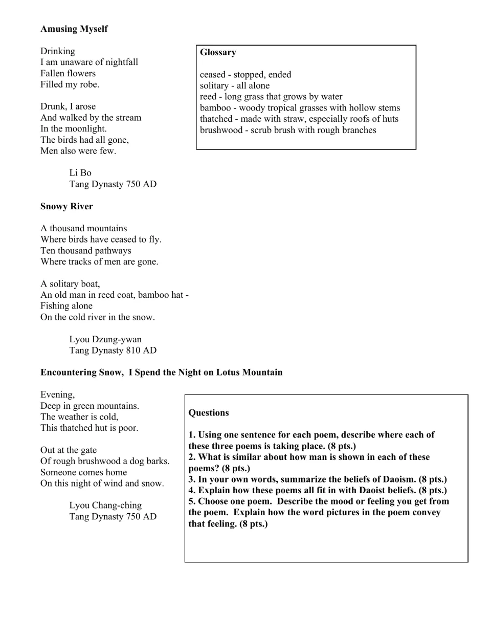 Three Chinese poems about nature and solitude, a glossary, and five questions on setting, mood, and Daoism.