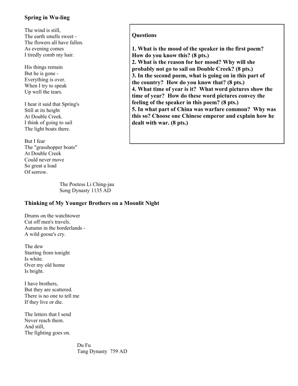 Two Chinese poems about grief and separated brothers, with five questions on mood, imagery, and warfare.