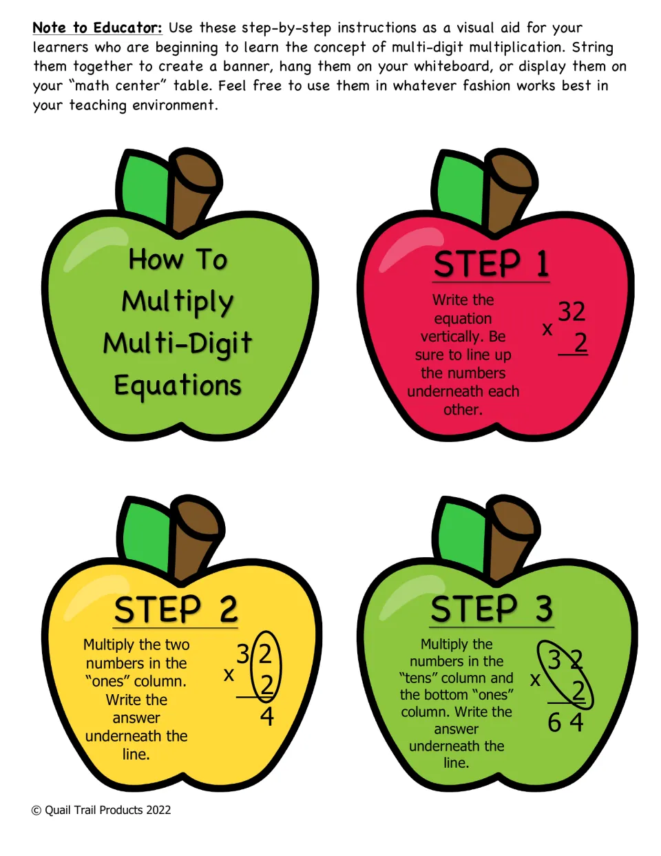 How to multiply multi-digit equations: color apple cards show 3 steps solving 32 x 2, ones column first, then tens, for 64