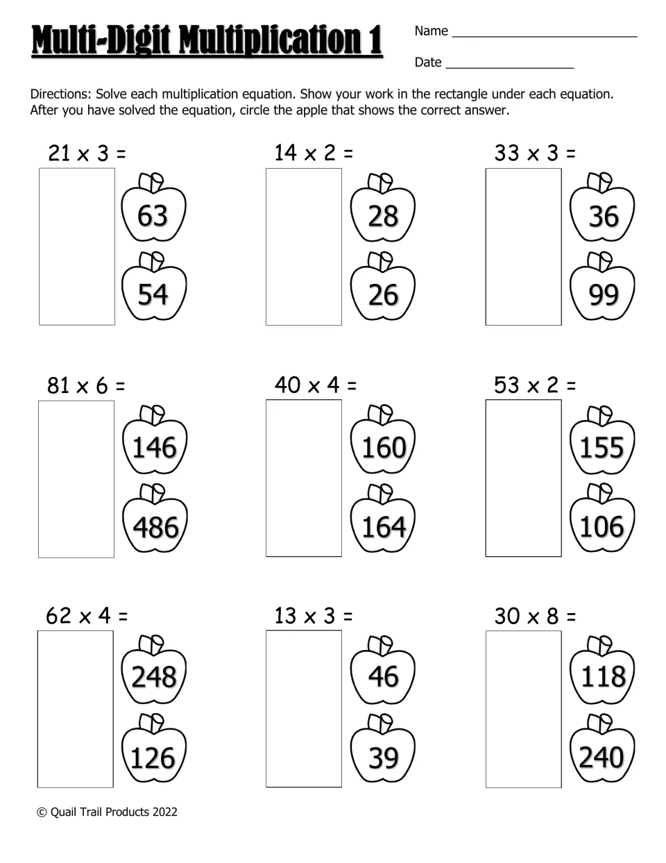 Multi-Digit Multiplication 1: students solve 9 problems like 21 x 3 and 81 x 6, then circle the apple with the right answer