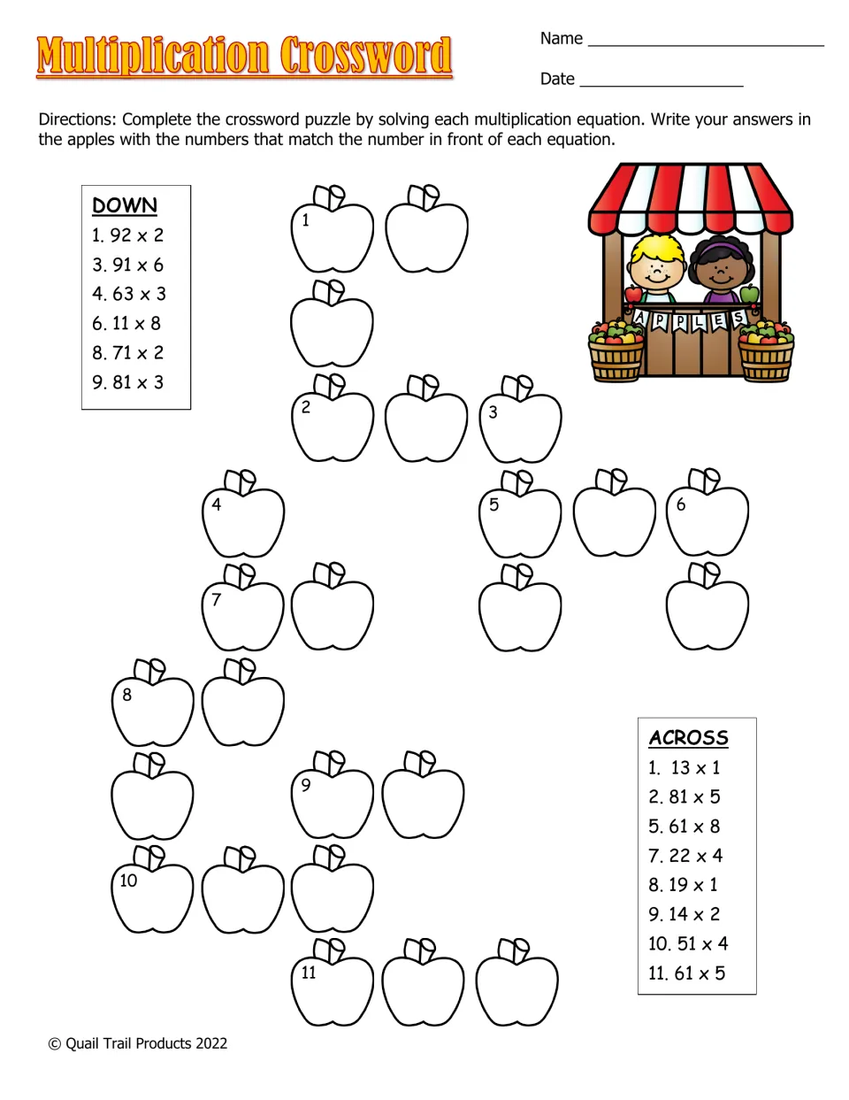 Multiplication Crossword: students solve Down and Across clues like 92 x 2 and 61 x 8, writing each digit in an apple
