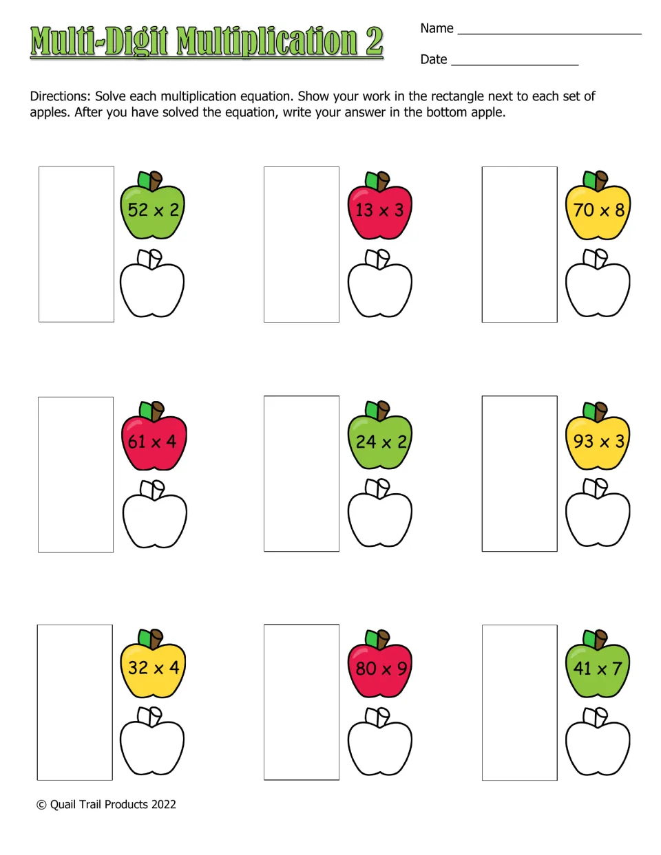 Multi-Digit Multiplication 2: students solve 9 problems like 52 x 2, 70 x 8 and 41 x 7 and write each product in the apple