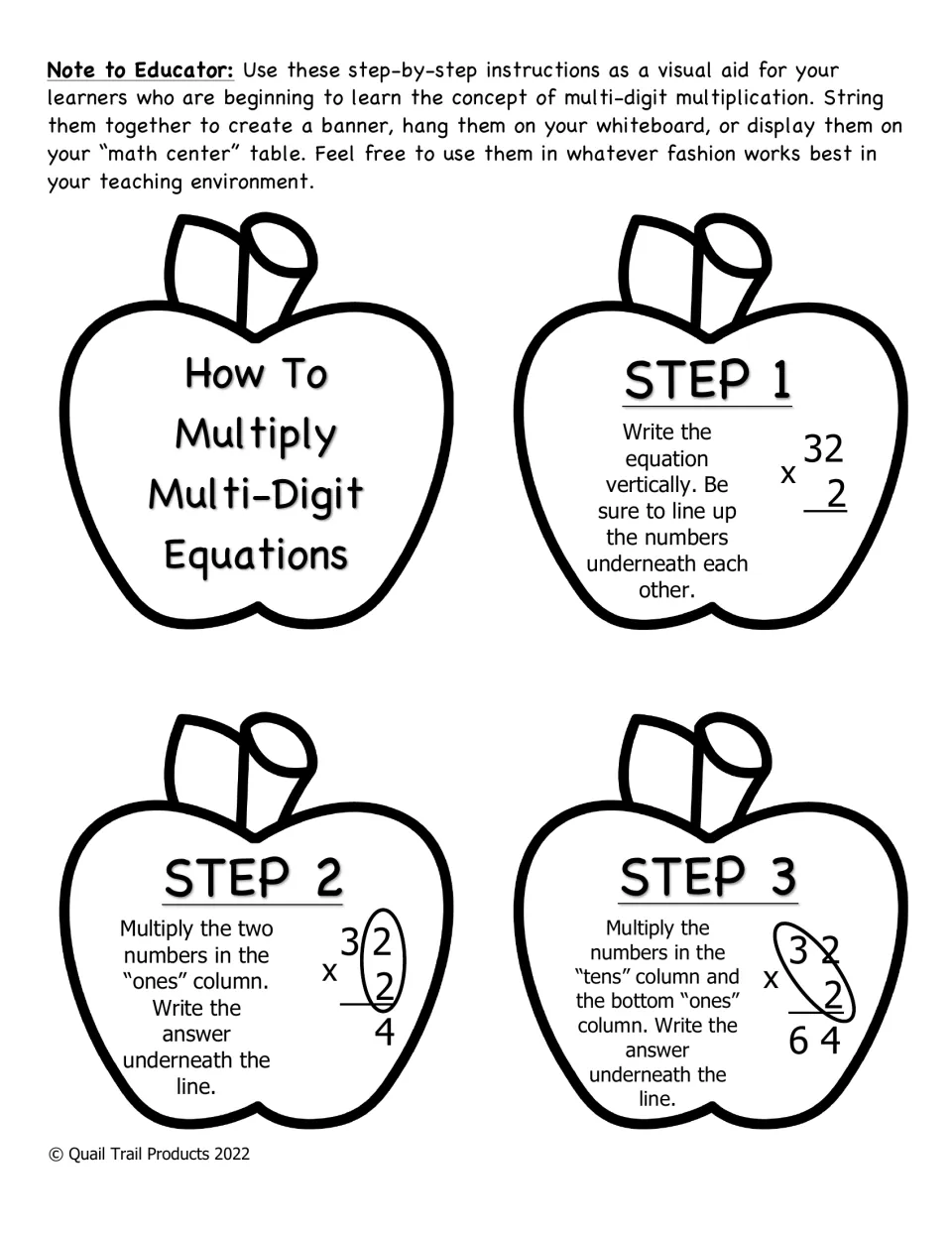 B&W step cards for multiplying multi-digit equations: write 32 x 2 vertically, multiply ones, then tens to get 64