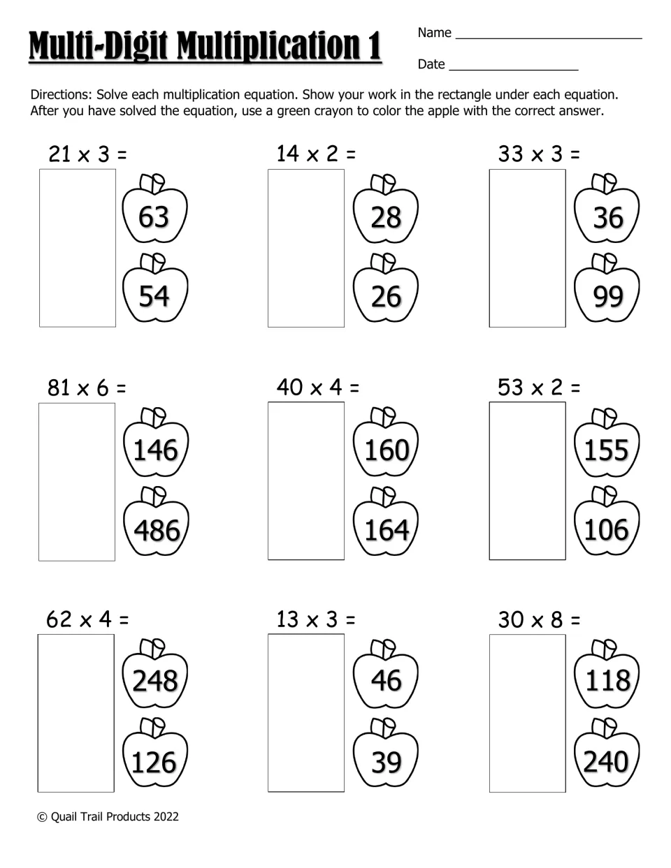 Multi-Digit Multiplication 1, color-in version: students solve 9 equations like 14 x 2, then color the right apple green
