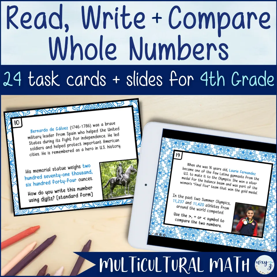 Cover for Read, Write + Compare Whole Numbers, featuring 24 task cards and slides for fourth-grade math
