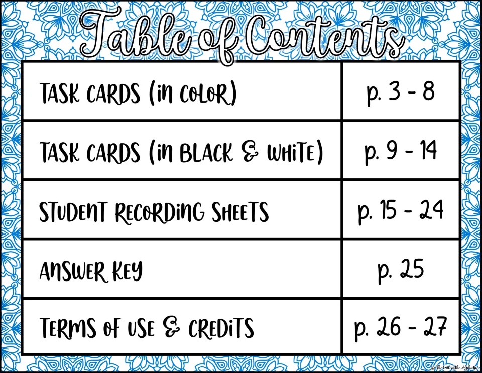 Table of contents lists color and black-and-white task cards, student recording sheets, an answer key, and credits