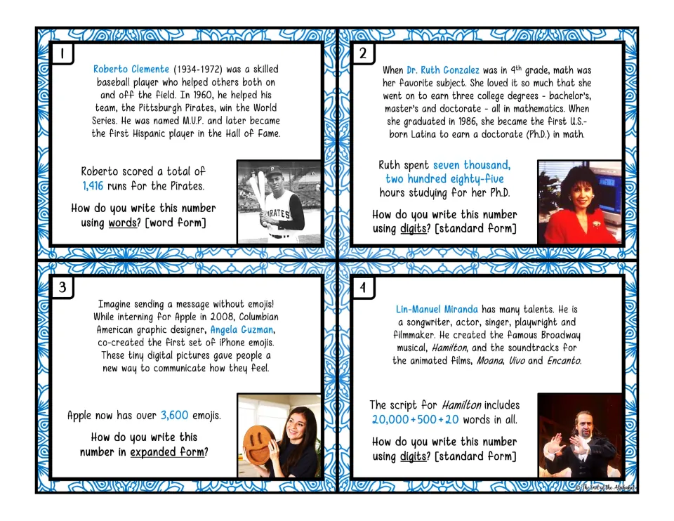 Color task cards 1–4 practice word, standard, and expanded forms with Roberto Clemente and three more people
