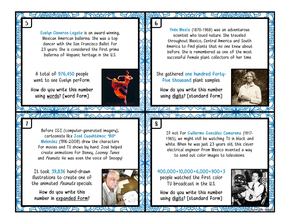Color task cards 5–8 practice number forms using 976,450, 145,000, 39,836, and an expanded-form number