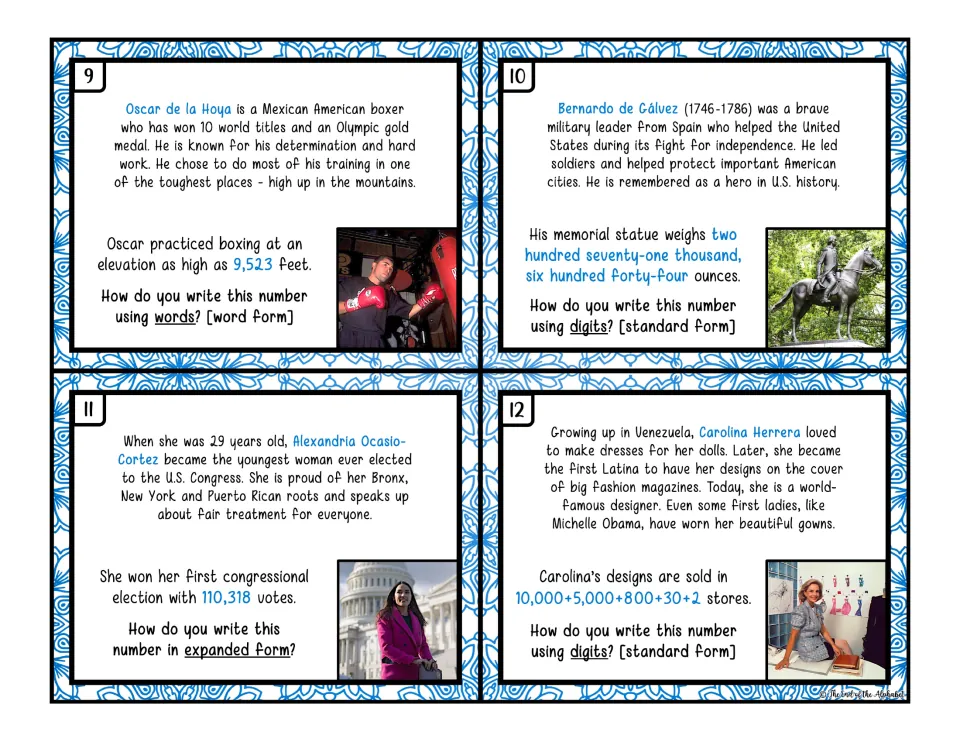 Color task cards 9–12 practice number forms with Oscar de la Hoya, Bernardo de Gálvez, and two more people
