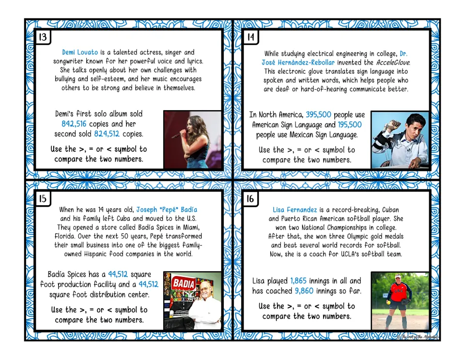 Color task cards 13–16 compare whole numbers using >, =, or <, including 842,516 and 824,512 on Demi Lovato's card