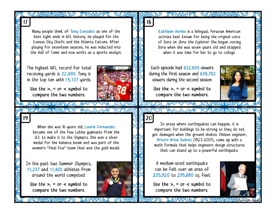 Color task cards 17–20 compare numbers for football, TV viewers, Olympic athletes, and earthquake areas