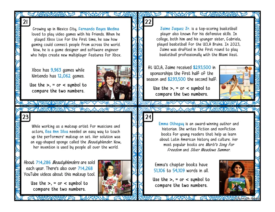 Color task cards 21–24 compare numbers for video games, sponsorships, Beautyblenders, and book word counts