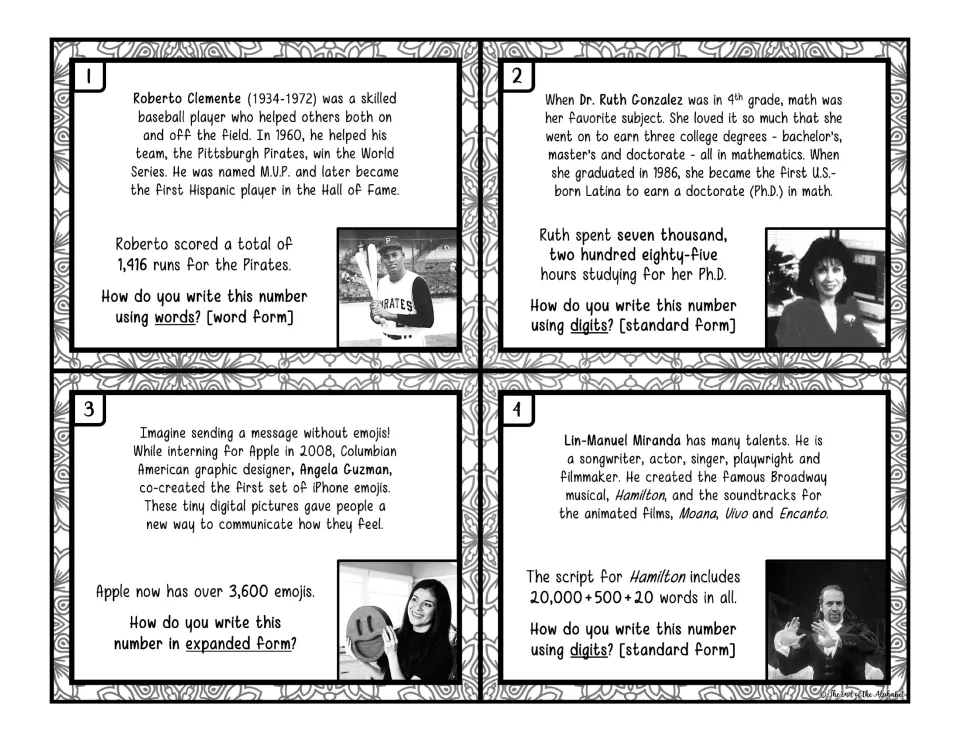 Black-and-white task cards 1–4 practice number forms with Roberto Clemente, Dr. Ruth Gonzalez, and two more people