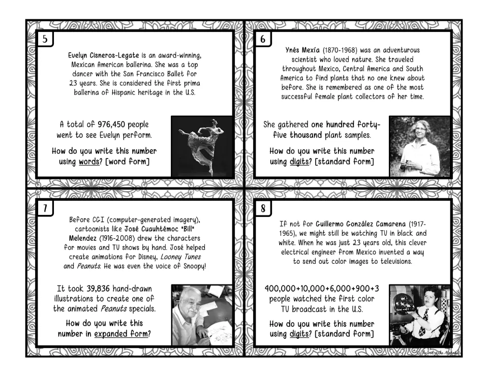 Black-and-white task cards 5–8 practice word, standard, and expanded forms with numbers such as 976,450 and 39,836