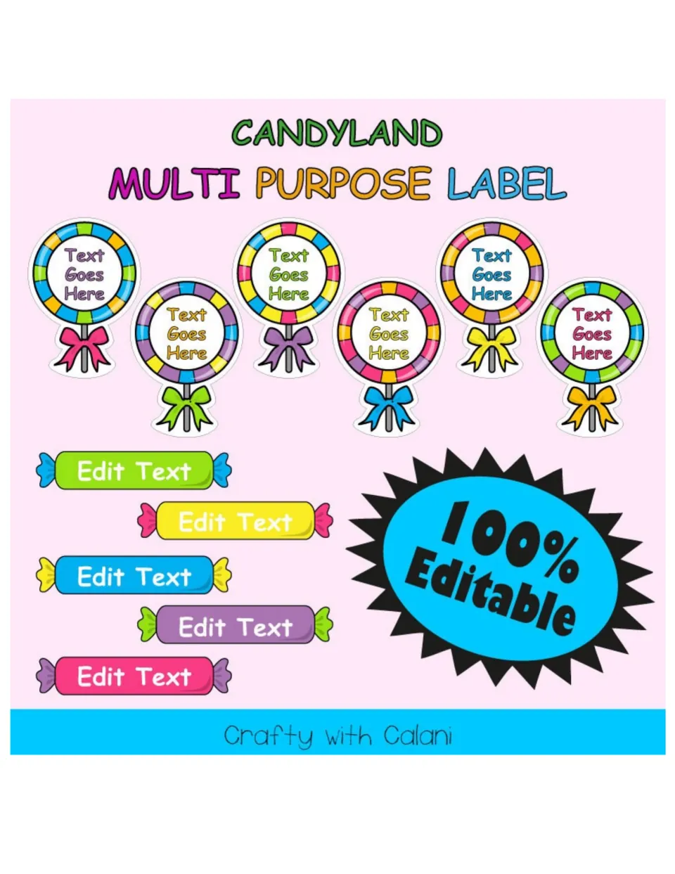 Candyland Multi Purpose Label cover showing editable lollipop and wrapped-candy label examples