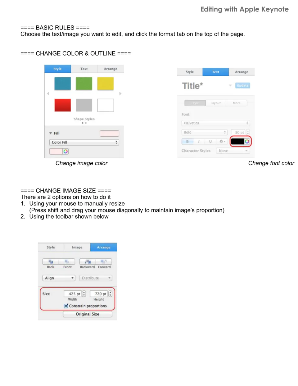 Apple Keynote editing instructions for the labels explain changing image and font colors and resizing images