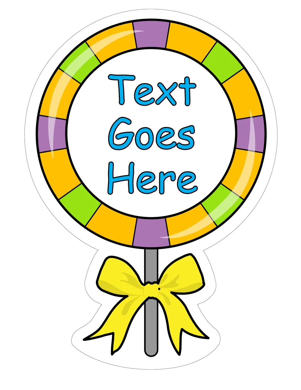 Large classroom lollipop label 3 of 6 reads “Text Goes Here” in blue, with yellow, green, and purple sections