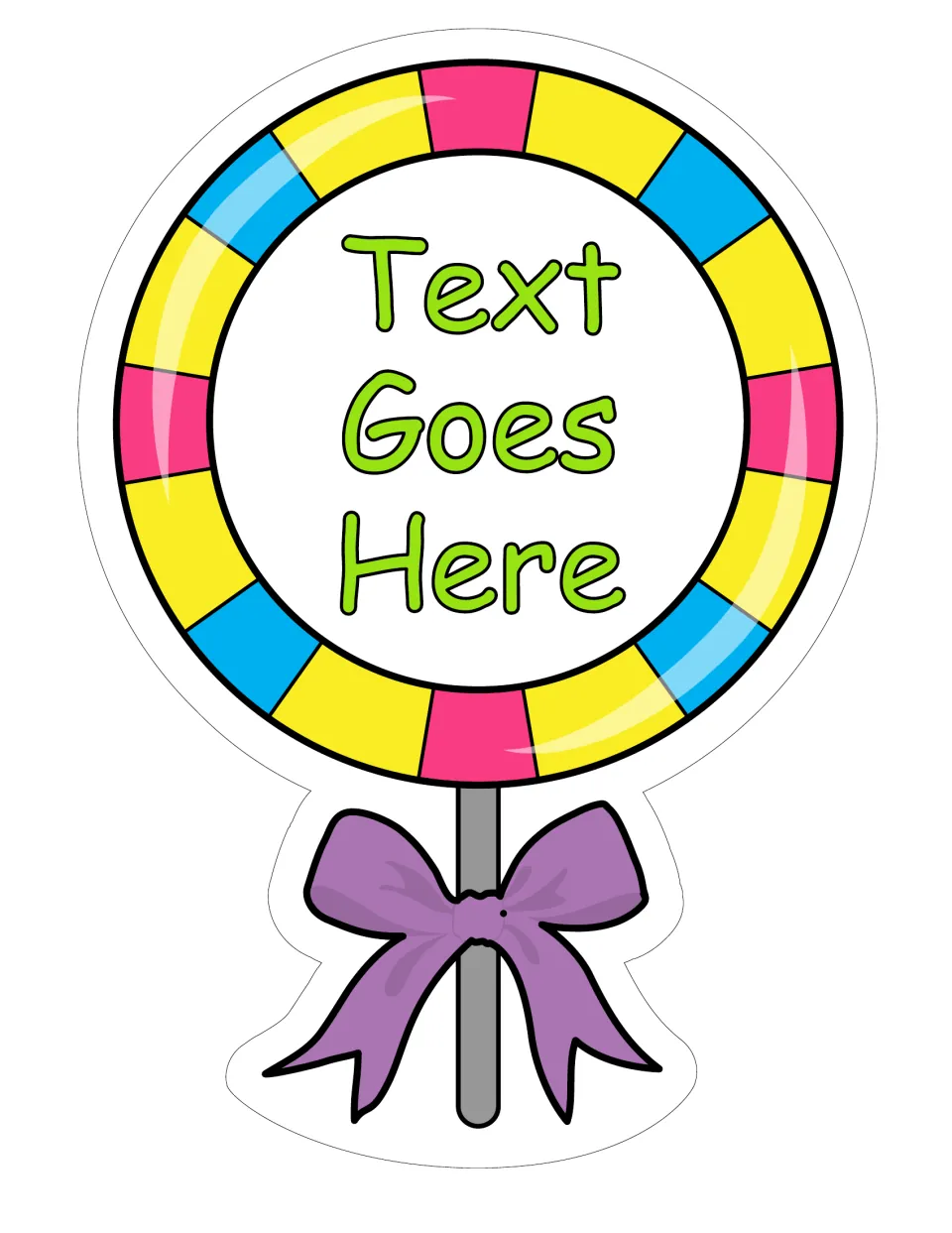 Large classroom lollipop label 5 of 6 reads “Text Goes Here” in green, with yellow, pink, and blue sections