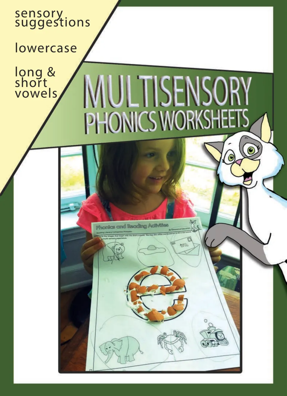 Cover of Multi-Sensory Phonics Worksheets, identifying lowercase letters, long and short vowels, and sensory ideas