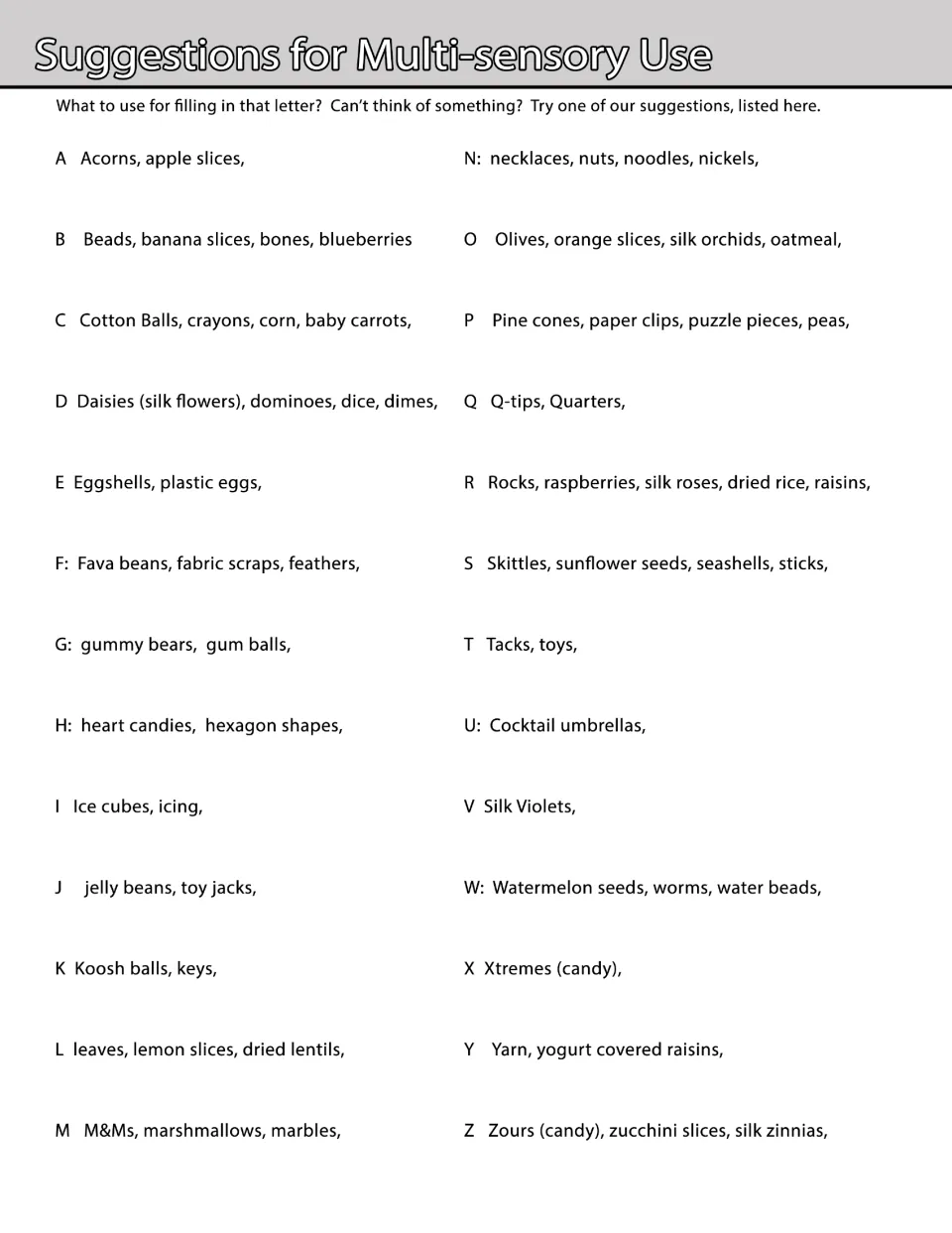 Sensory materials guide for letters A–Z, suggesting acorns for A, beads for B, cotton balls for C, and more