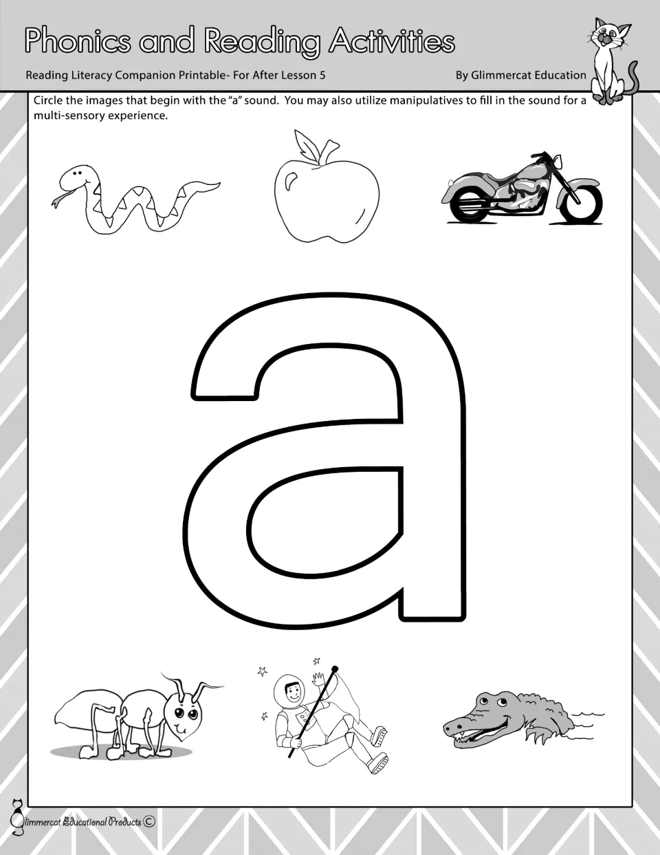 Short a phonics activity: circle matching pictures, including apple, ant, and alligator, and fill lowercase a
