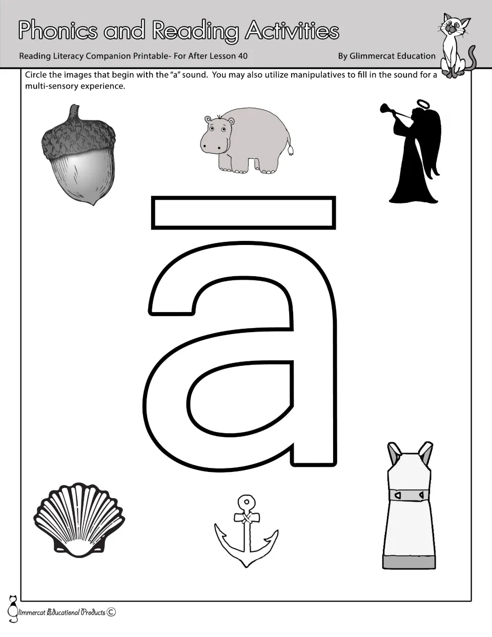Long a phonics activity: fill lowercase ā and choose beginning-sound pictures from acorn, angel, and four more