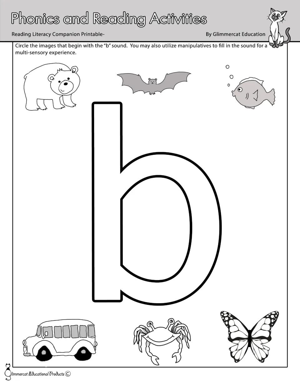 Lowercase b phonics activity: circle bear, bat, bus, and butterfly among six pictures and fill the letter