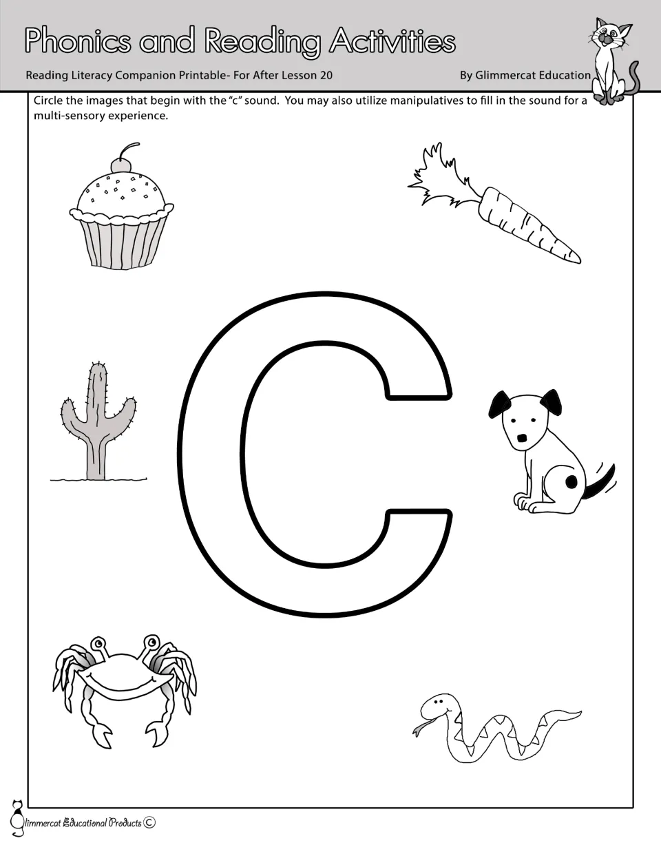Lowercase c phonics activity: circle cupcake, carrot, cactus, and crab among six pictures and fill the letter