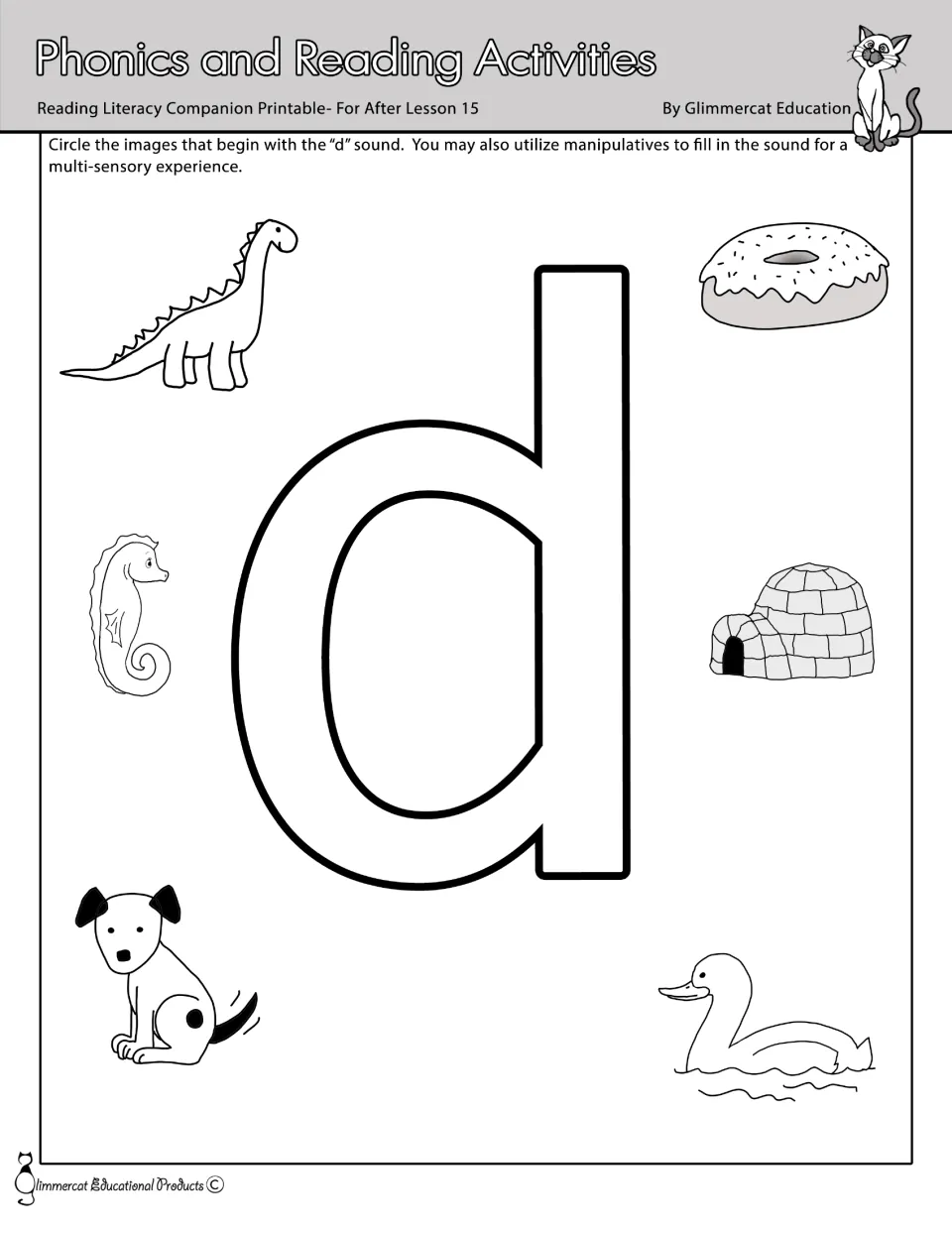 Lowercase d phonics activity: circle dinosaur, doughnut, dog, and duck among six pictures and fill the letter