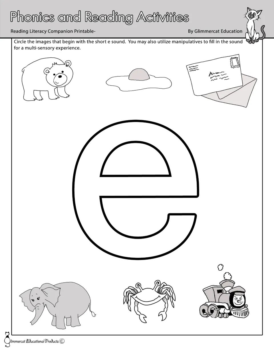 Short e phonics activity: circle matching pictures, including egg, envelope, and elephant, and fill lowercase e