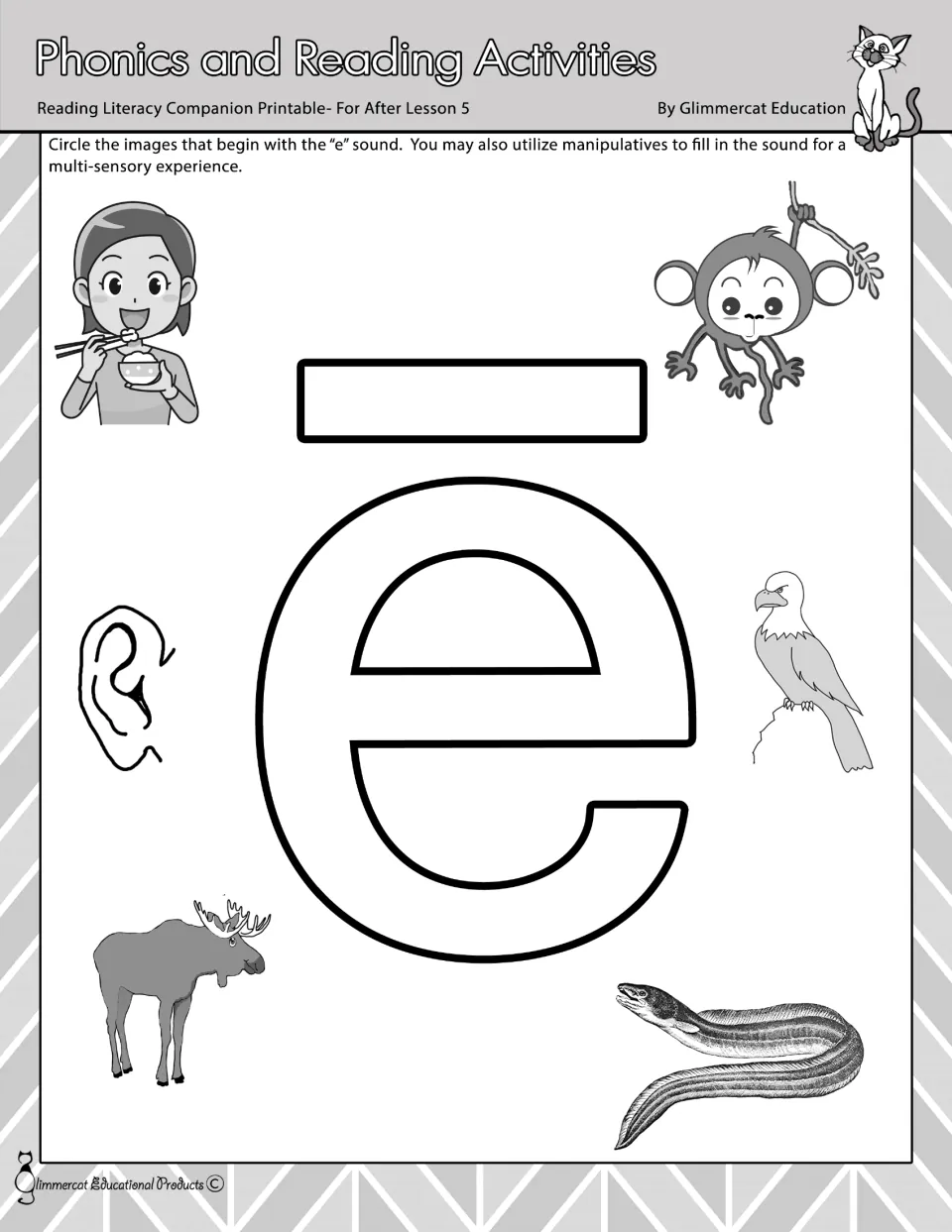 Long e phonics activity: fill lowercase ē and choose beginning-sound pictures from eating, eagle, and four more
