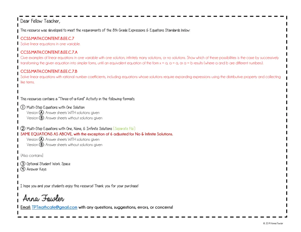 Teacher letter for a three-of-a-kind equations activity: lists Versions A and B, work space pages and answer keys