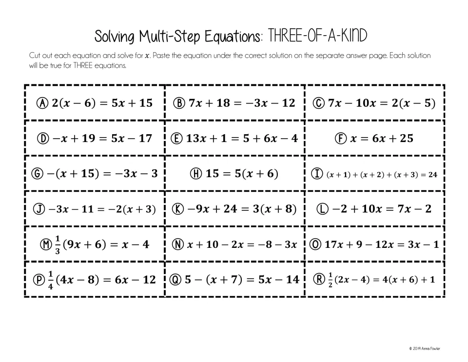 Multi-step equations cards A to R: students cut out 18 equations, solve for x and paste each under its matching solution