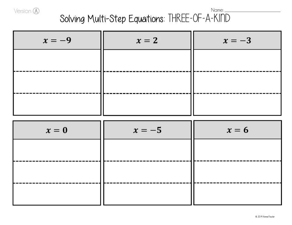 Version A answer mat: solutions x = -9, 2, -3, 0, -5 and 6 given, with three spaces under each for pasting equations