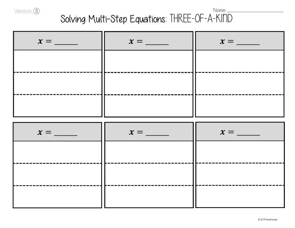 Version B answer mat: six blank x = ___ headings; students write each solution and paste its three equations