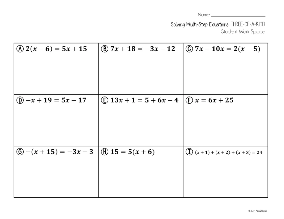 Student work space for equations A to I, such as 2(x - 6) = 5x + 15, where students show steps solving each for x