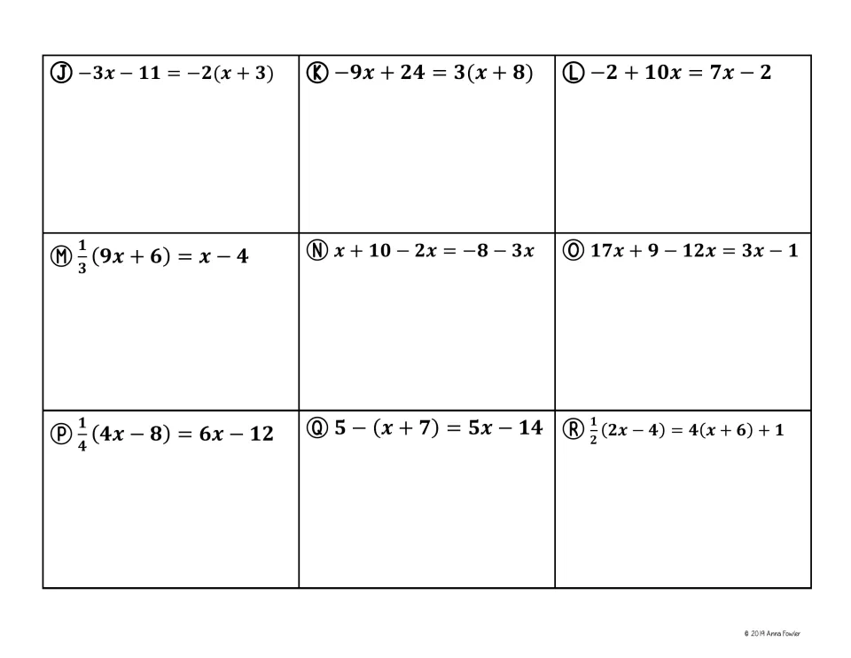 Work space continued for equations J to R, including fraction ones like 1/3(9x + 6) = x - 4, to solve step by step