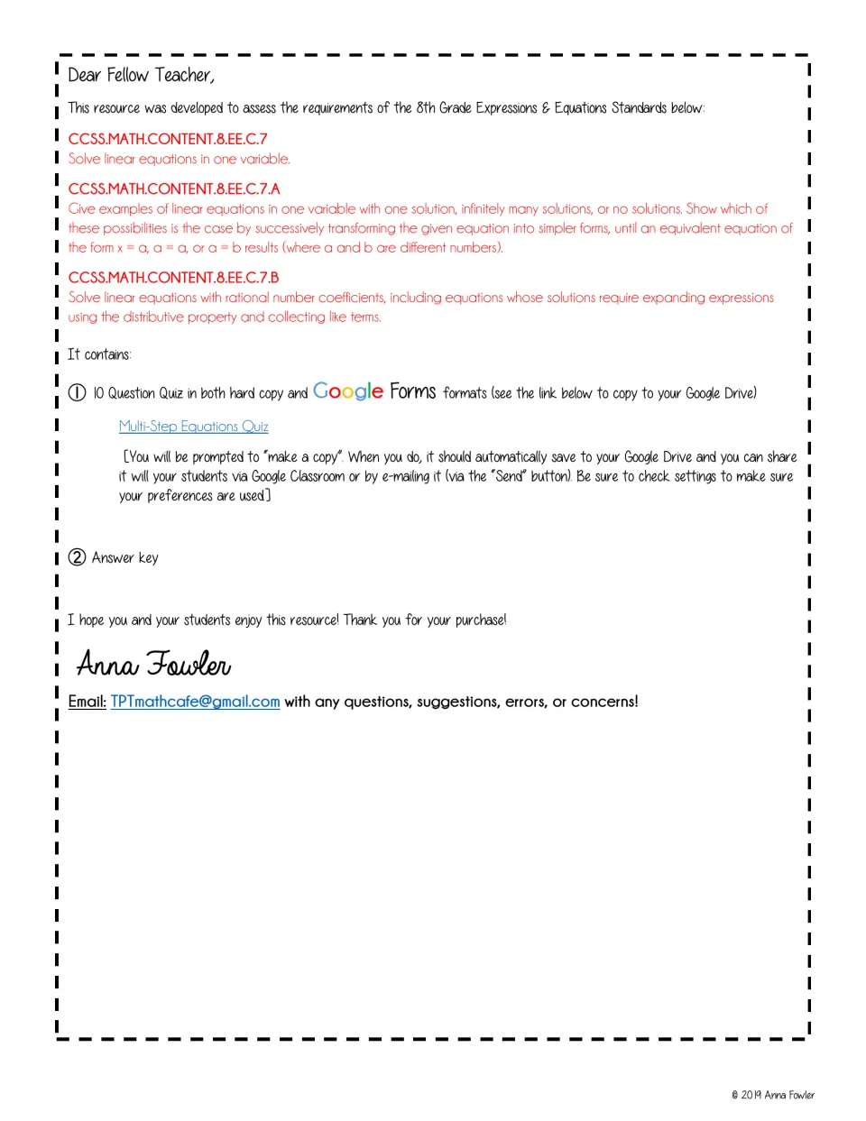 Teacher note describing what's included: a 10-question quiz in print and Google Forms versions plus an answer key