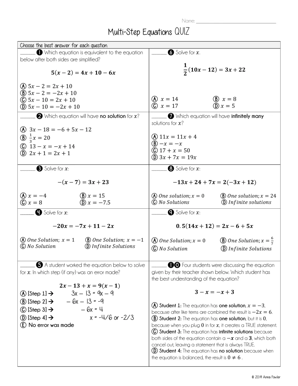Solving linear equations: 10 multiple-choice items on solving for x, spotting an error and one, no or infinite solutions