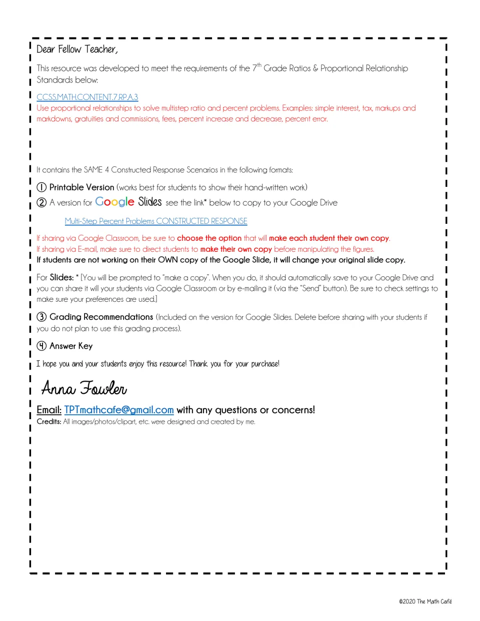 Teacher directions for four percent scenarios in printable and Google Slides formats, with copying guidance