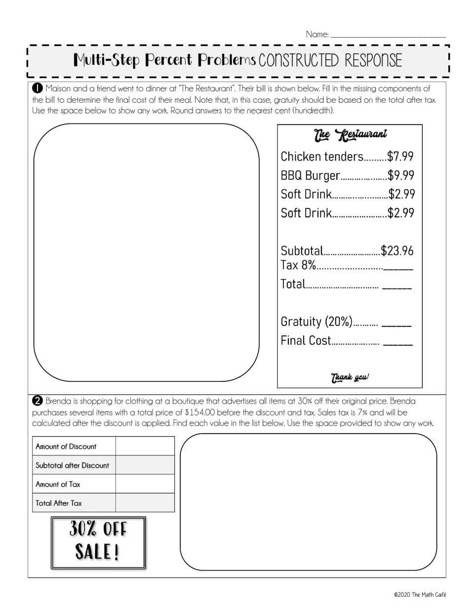 Percent problems 1–2: calculate restaurant tax and gratuity, then a clothing discount and sales tax