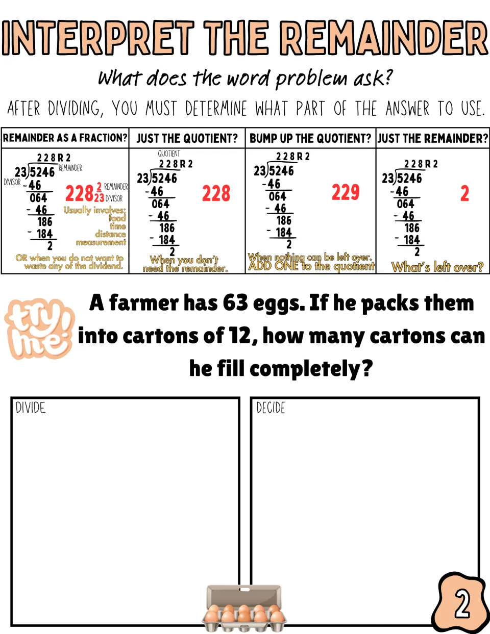 Dividing with remainders: students find how many cartons of 12 a farmer can fill completely with 63 eggs